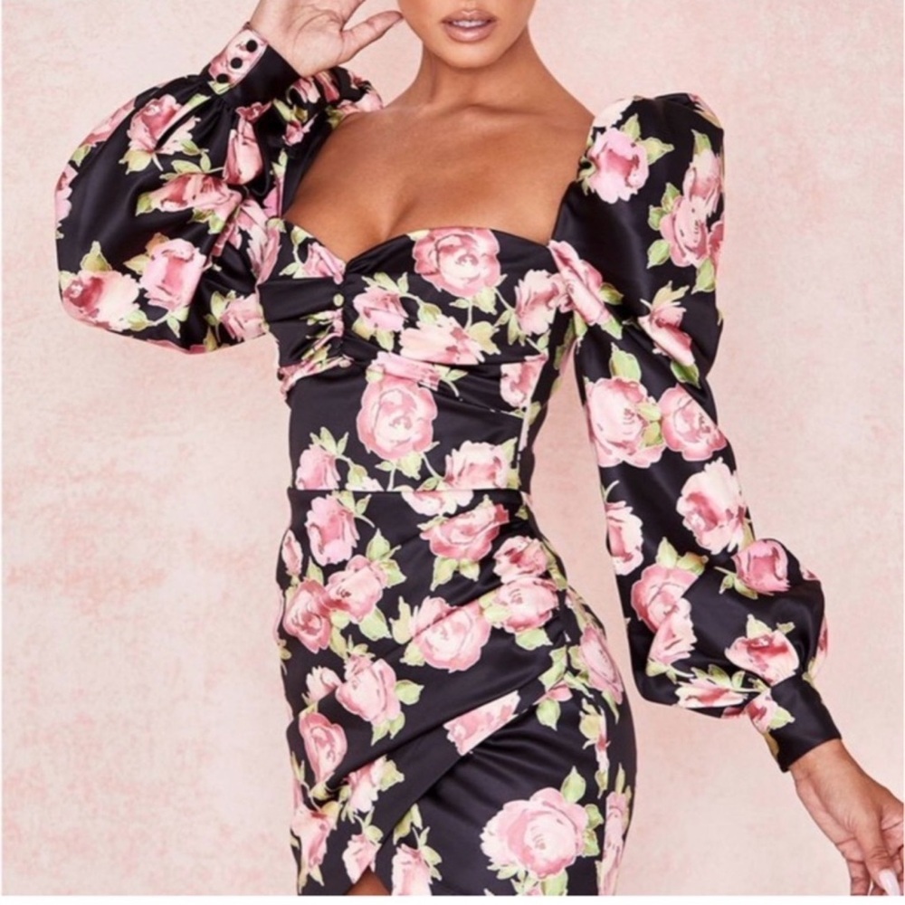 House of CB corset pink Floral Black mini Dress size M - Picture 2 of 5